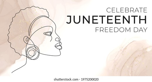 Juneteenth Freedom Day banner. Continuous line drawing of african woman silhouette. African-American Independence Day, June 19, 1865. Vector illustration of national holiday poster template.