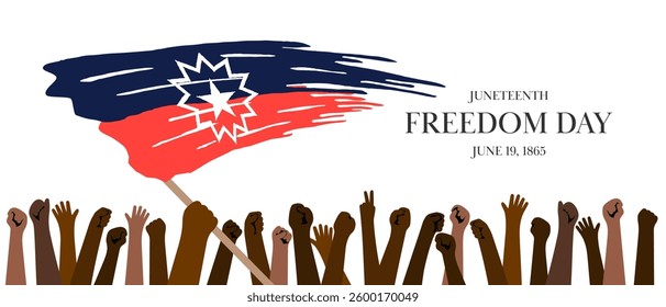 Juneteenth Freedom Day banner. Diverse raised fists symbolize unity, strength and liberation. Juneteenth flag with abstract brushstroke effect emphasizes heritage and pride. Clean modern design. Eps