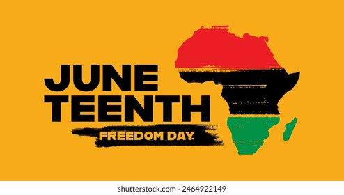 Anuncio del Día de la Libertad Juneteenth con mapa de África en Colores panafricanos y tipografía en negrita sobre fondo naranja. Ilustración de Anuncio de Vector para el Día de la Libertad de Juneteenth.