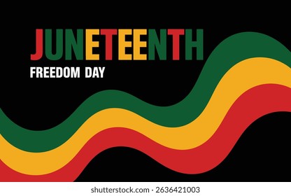Juneteenth Freedom Day banner with red, yellow and green African heritage waves on black background.