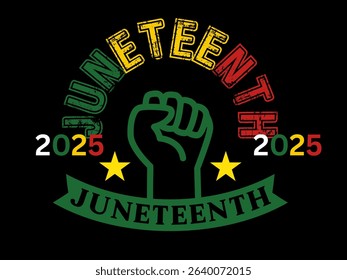 Juneteenth Freedom Day banner with red, yellow, green circle African flags on black background. African American black cultural holiday celebrated on June 19, 2025. Vector illustration.