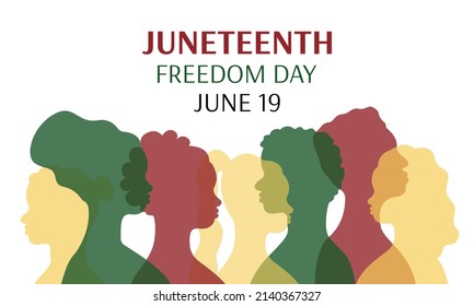 Juneteenth Freedom day banner. Silhouettes of african american persons in profile. African men and women. June 19 holiday. Vector poster illustration.