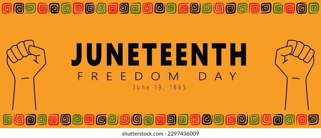 Juneteenth Freedom day banner template. Outline Clenched fists. National Independence Day, African American Emancipation Day. Vector illustration on Yelow Background with African pattern