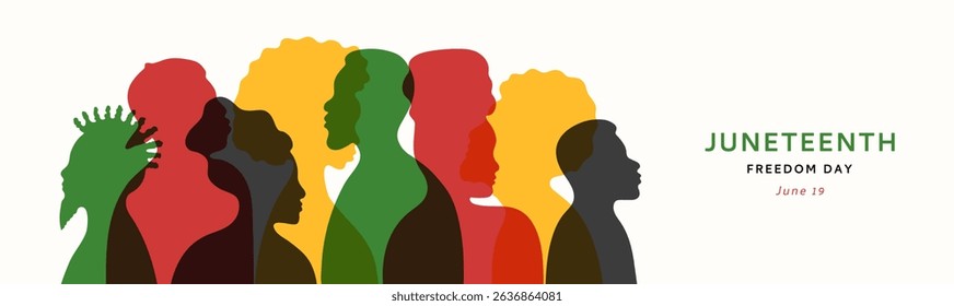 Juneteenth Freedom Day banner template with people silhouette. Red green yellow men and women profile.