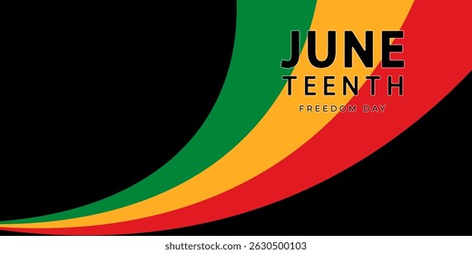 Juneteenth Freedom Day banner. Vector illustration with text for Juneteenth and curved stripes of red, yellow and green colors on a black background. Symbol of emancipation and African-American pride