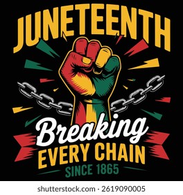 Juneteenth freedom day celebration with raised fist and broken chains symbolizing emancipation