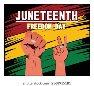 Juneteenth Freedom Day celebration with symbolic gestures, emphasizing freedom, unity, and diversity.  Flat vector modern illustration 