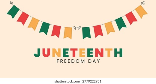 Juneteenth Freedom Day celebration vector banner featuring colorful bunting flags over text on cream background.