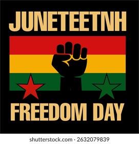 Juneteenth Freedom Day design with raised fist, Pan-African flag colors, stars, and bold text celebrating Black liberation and historical African American pride