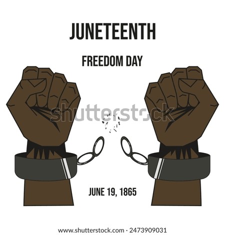 Juneteenth Freedom Day design t-shirt print, flyer, poster cover printing. Hand with broken Shackles islated white background. Simple Vector Juneteenth. Editable stroke.