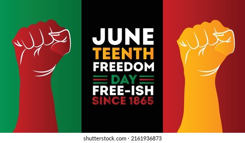 Juneteenth Freedom day, Free-ish since 1865 poster design with closed fist icon, celebrate freedom in june 19th