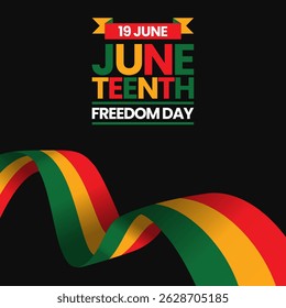 Juneteenth Freedom Day greeting card, square banner background with waving ribbon flag