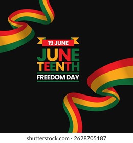 Juneteenth Freedom Day greeting card, square banner background with waving ribbon flag
