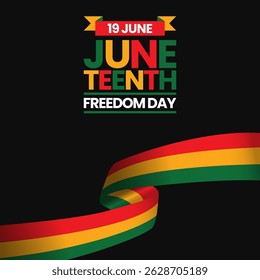 Juneteenth Freedom Day greeting card, square banner background with waving ribbon flag