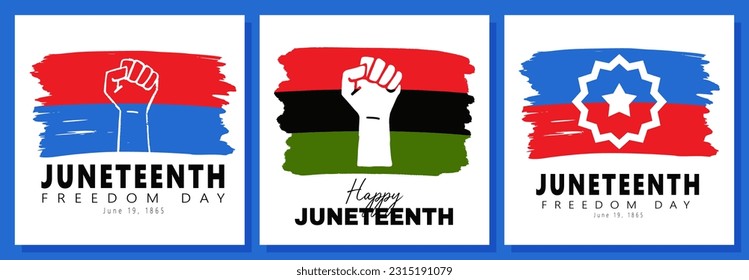 Juneteenth Freedom day greeting cards. Textured Red and Blue Flag with raised clenched arms and Junetennth star. National African American Independence Day, emancipation day. Vector illustrations