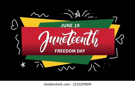 Juneteenth freedom day handwritten text on colorful abstract background. Hand lettering, modern brush calligraphy. Vector illustration for annual American holiday on June 19 as logo, poster, banner