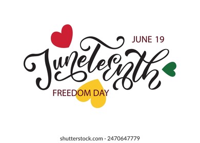 Juneteenth freedom day handwritten text and hearts illustration, hand lettering typography, modern brush calligraphy. Hand writing of word Juneteenth, june 19 for logo, banner, card, poster 