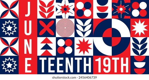 Juneteenth Freedom Day holiday geometric banner. Red and blue colors design minimalistic background. African American print for Independence day. Vector flat illustration