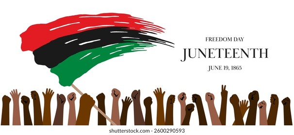 Juneteenth Freedom Day horizontal banner with raised fists symbolizing freedom, justice and unity. Stylized Juneteenth flag with brushstroke effect. Historical significance typography June 19 1865.