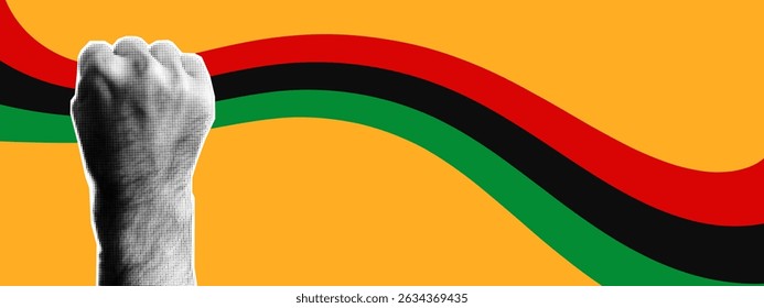 Juneteenth Freedom Day horizontal banner in Pan-African flag colors and a halftone collage raised fist holding a waving flag — symbolizing the end of slavery in the United States. June 19. Vector

