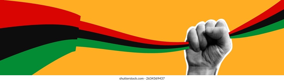 Juneteenth Freedom Day horizontal banner in Pan-African flag colors and a halftone collage raised fist holding a waving flag — symbolizing the end of slavery in the United States. June 19. Vector

