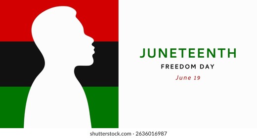 Juneteenth Freedom Day horizontale Banner-Vorlage mit Flagge und Silhouette eines Mannes. Flacher Stil