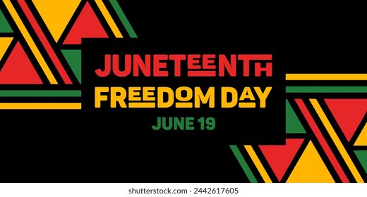 Juneteenth. Freedom Day. Horizontal bright banner. Lettering, ethnic abstract pattern. US federal holiday. Slavery Abolition. African American Heritage and Culture. The concept, struggle for equality