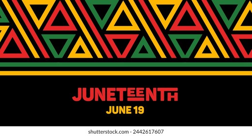 Juneteenth. Freedom Day. Horizontal bright banner. Lettering, ethnic abstract pattern. US federal holiday. Slavery Abolition. African American Heritage and Culture. The concept, struggle for equality