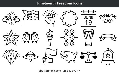 Juneteenth freedom day icons black line art graphics
