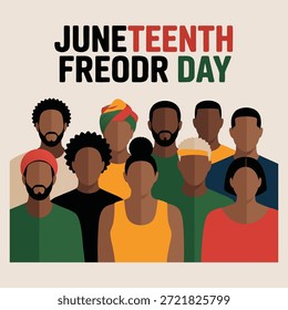 Illustration zum 10. Juni-Tag der Freiheit mit einer vielfältigen Gruppe afrikanischer Amerikaner in einer fröhlichen Szene.