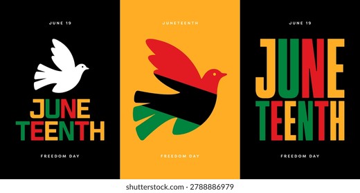 Juneteenth Freedom Day Illustration Set with Juneteenth Typography and Dove Bird in Pan-African Flag Colours. Juneteenth Vector Illustration Set for Poster, Card, Cover, Banner, Social Media.