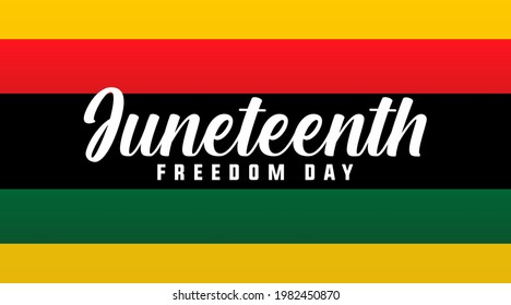 Juneteenth freedom day June 19 modern creative banner, sign, design concept, social media post with white text on a yellow, red, and green abstract background.