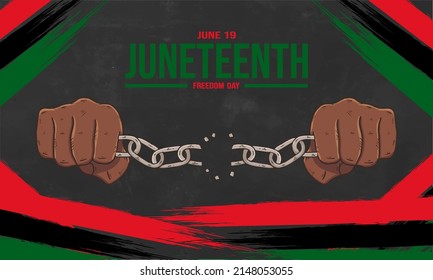 Juneteenth Freedom Day. June 19, 1865. Emancipation Day. Illustration vector graphic. Design concept Arm breaking chains. Perfect for background, banner, card, poster with text inscription.