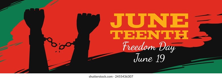 Juneteenth Freedom day June 19 african american independence day .Hands in handcuffs shackles with broken chain vector illustration