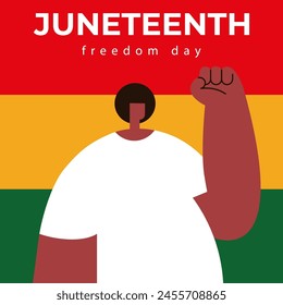 Juneteenth Freedom Day. June 19 2024. Boy with flag. African American Liberation Day. Black, red and green. Flat vector illustration.