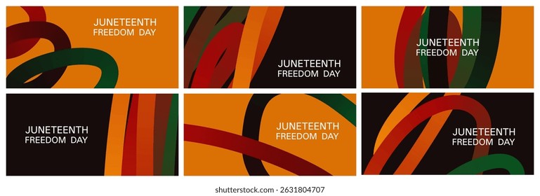 Juneteenth Freedom day, June 19. Horizontal banner templates set with Pan-African flag colors, copy space. Modern trendy abstract design with hand drawn wavy geometric line shapes vector illustration 