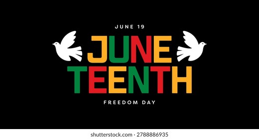 Juneteenth Freedom Day June 19 Web Banner Vector Design Template with Juneteenth Typography in Pan-African Flag Colours and White Doves Illustration. Juneteenth Design for Poster, Social Media, Banner