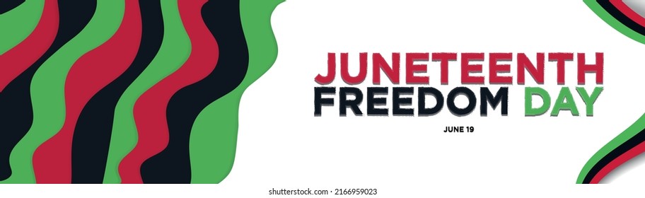 Juneteenth Freedom Day Long Banner. June 19. Red, black, green colored paper art. Juneteenth typography. Copy Space. Vector Illustration. EPS 10. For posters, cards, social media, banner, web, flyers.