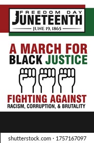 Juneteenth Freedom Day. A March for Black Justice. Fighting Against Racism, Corruption, and Brutality. June 19, 1865. Design of Banner and Flag. Vector logo Illustration.
