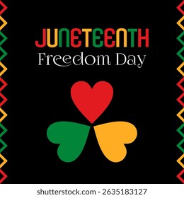 Juneteenth Freedom Day poster, 19 June celebration, red, yellow and green heart