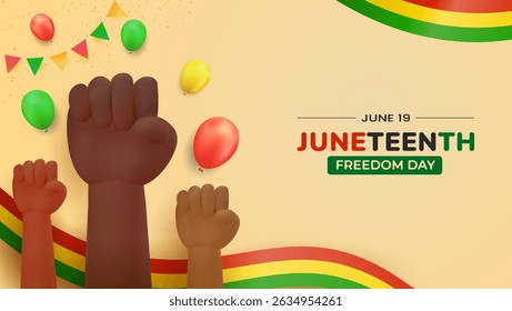 Cartaz do Dia da Liberdade do Juneteenth com punhos levantados em solidariedade, balões decorativos, cores vibrantes africanas e símbolos comemorativos comemorando a abolição da escravidão.