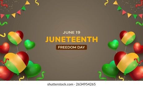 Cartaz do Dia da Liberdade do Juneteenth com balões festivos, decorações coloridas e cores vivas comemorando este evento histórico em 19 de junho, comemorando a liberdade e a emancipação.

