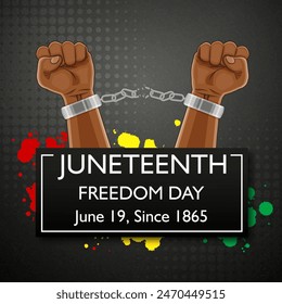 Juneteenth Freedom Day poster. June 19. Hands with broken chains on black background. EPS10 vector