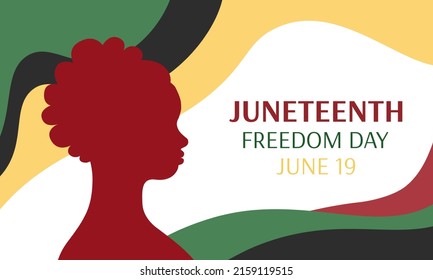 Juneteenth Freedom day poster. Silhouette of african american person in profile. African woman. June 19 holiday. Vector illustration.