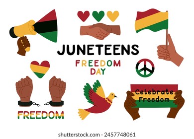 Juneteenth Freedom Day set of stickers in flat style isolated on white background. Vector hand drawn hands and symbols for black history month