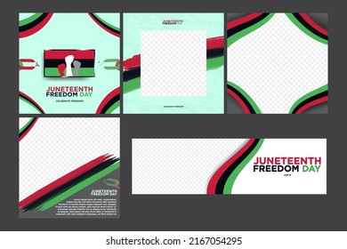 Juneteenth Freedom Day Social media template collection, Juneteenth square and banner template. Red, black, green color flag. Celebrate Freedom, Vector Illustration. Editable. Isolated. EPS 10. Modern