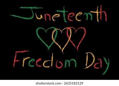 Juneteenth Freedom Day Text in Distressed Brush Strokes with Red, Yellow, and Green Colors and Hand-Drawn Heart