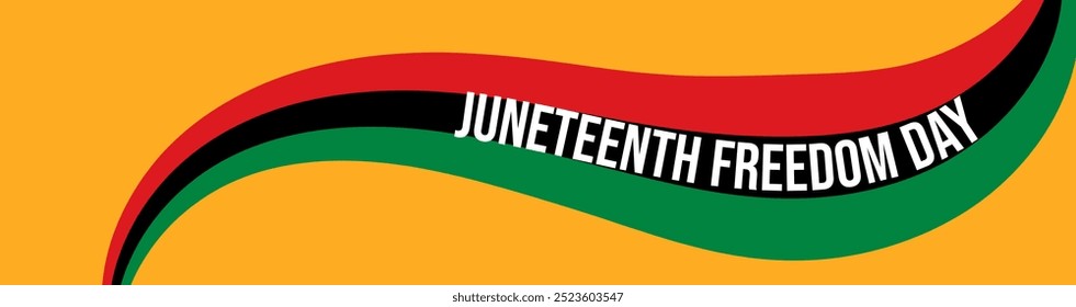 Texto del Día de la Libertad de Juneteenth sobre ondear una bandera panafricana aislada sobre fondo amarillo. Ilustración vectorial
