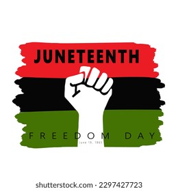 Juneteenth freedom day. Textured Clenched fist, raised hand on Red, Black, Green Flag. Symbol of National African American Independence Day. History and heritage. Vector illustration