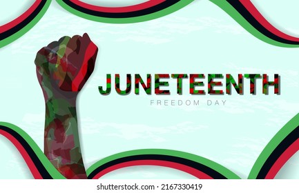 Juneteenth Freedom Day Typography Banner with hands of different skin tones in the air. Juneteenth colored flags. Vector Illustration. EPS 10. For designs, background, web, social media, copy space.